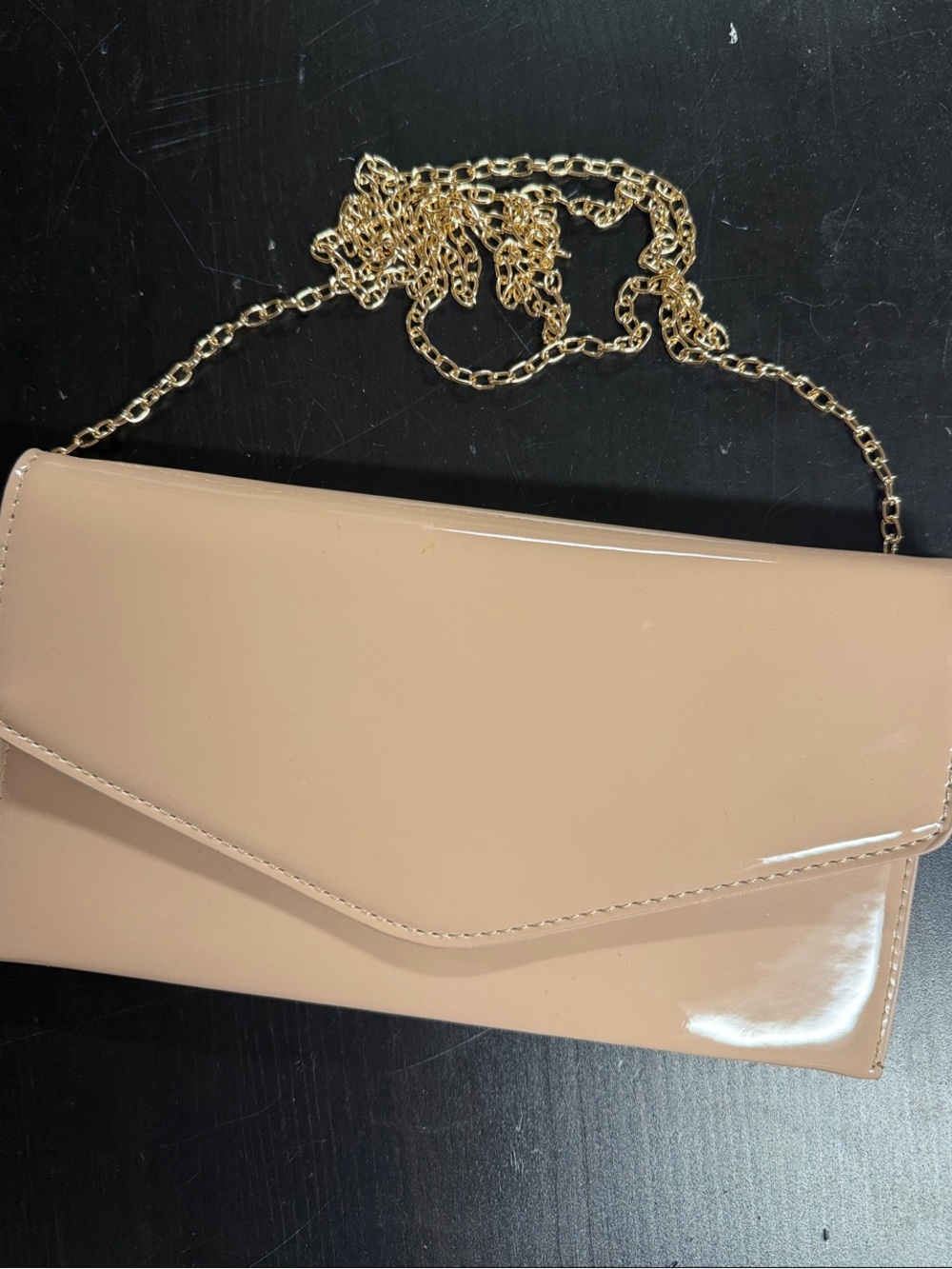 Patent Envelope Clutch Shoulder Bag in Nude with Gold Chain
